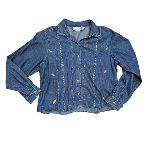 Vtg Casey & Max Embroidered Denim Top Womens L Cottagecore Fall Leaves Boho - Picture 1 of 9